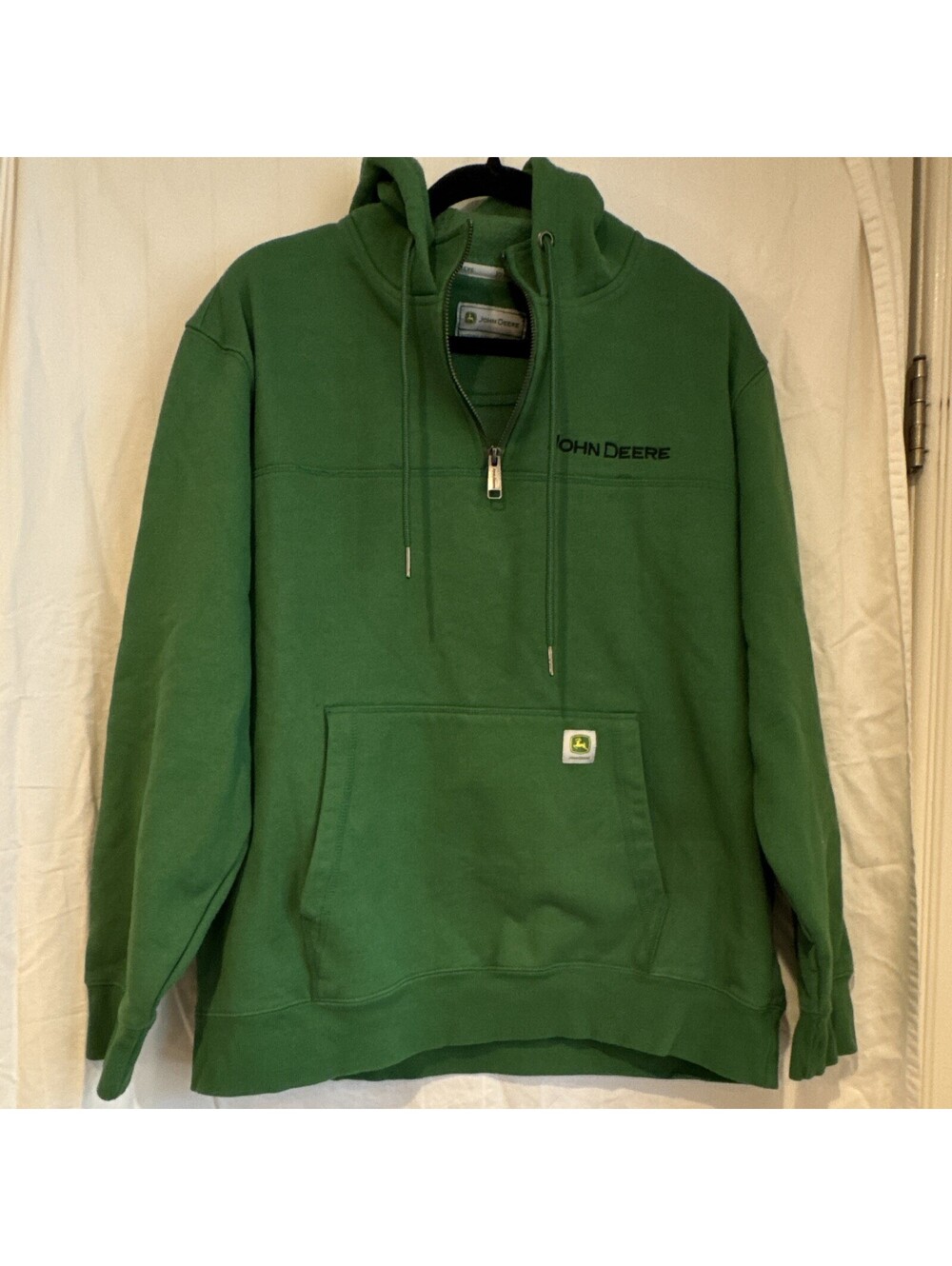 John Deere Green 1/2 Zip Pullover Hoodie Sweatshirt Kangaroo Pocket